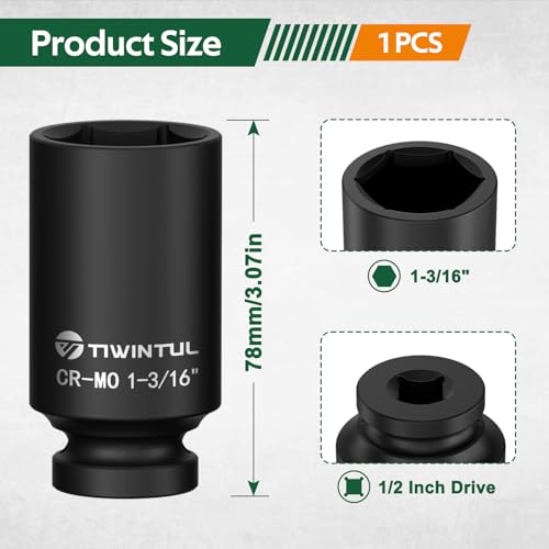 1-3/16" Deep Impact Socket 1/2 Inch Drive for Heavy-Duty Automotive & Trucks | CR-MO Steel Impact Socket, 3.07" Length, 6 Point Design, SAE Size, Axle Nut Socket for Easy Removal of Axle Shaft Nuts - size: 1-3/16" (Deep)