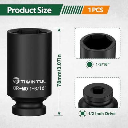 1-3/16" Deep Impact Socket 1/2 Inch Drive for Heavy-Duty Automotive & Trucks | CR-MO Steel Impact Socket, 3.07" Length, 6 Point Design, SAE Size, Axle Nut Socket for Easy Removal of Axle Shaft Nuts - size: 1-3/16" (Deep)