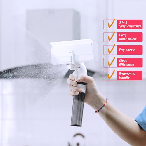 3 in 1 Professional Window Cleaner, Glass Cleaning Wiper with Spray & Waste Water Collection Tank, Water Spray, Window Washer Squeegee for Home, Outdoor Windows & Car Glass, White