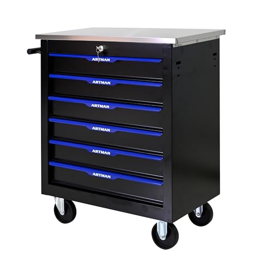 6 Drawers Tool Cart on Wheels with Stainless Steel Worktop, Heavy Duty Mobile Rolling Drawer Tool Chest with Secure Locking System & Locking Wheels for Garage,Warehouse,Workshop (Black&Blue) - color: Black&Blue, size: 6 Drawers 25.9"W x 13.6"D x 30.7"H