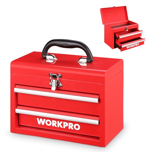WORKPRO Portable Mini Tool Box, 2 Drawers Metal Tool Chest with Ball Bearing Slides, Top Storage with Latch, Ergonomic Carrying Handle, Mechanic Toolbox with PVC Liners and PP Feet Pads - color: Red