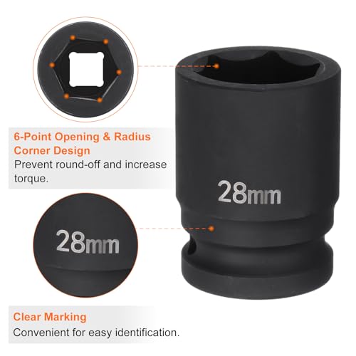 HARFINGTON 6-Point Impact Socket 3/4" Drive 28mm Metric 40Cr Alloy Steel Spindle Axle Nut Impact Socket - size: 28mm