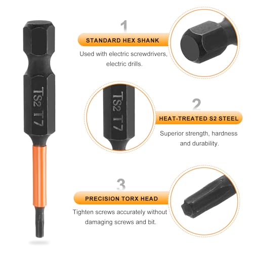 HARFINGTON 3pcs T7 Torx Head Screwdriver Bit 2" (50mm) Long 1/4" Hex Shank Magnetic No Hole Tamper Proof 6 Point Star Screw Driver Drill Bits Phosphate S2 Steel Industrial Power Tools - size: T7 x 50mm