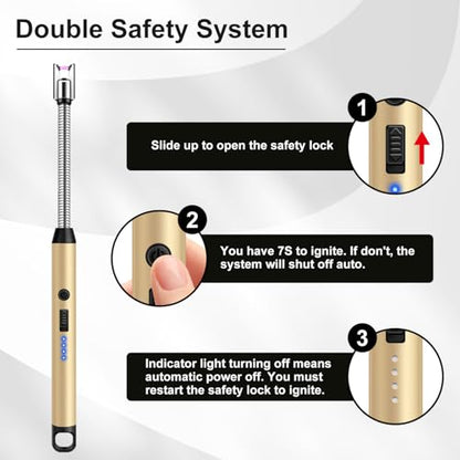 LcFun Candle Lighter Windproof USB C Electric Lighters with 360° Flexible Neck & Safety Lock, 2 Pack Flameless Lighters Long Stem Matches for Candle, Grill, BBQ, Gas Stoves (Black & Gold) - color: Black & Gold