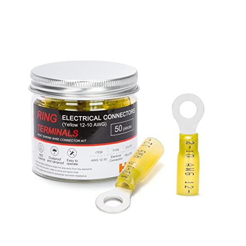 HKS 50 PCS Ring Terminals 1/4" M6 Yellow 12-10 AWG - M6 - Electrical Connectors - Heat Shrink Wire Connector Kit - Tinned Red Copper - Automotive Marine Ring Connectors - Waterproof and Insulated - size: 1/4" (M6)