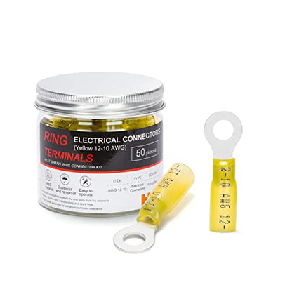 HKS 50 PCS Ring Terminals 1/4" M6 Yellow 12-10 AWG - M6 - Electrical Connectors - Heat Shrink Wire Connector Kit - Tinned Red Copper - Automotive Marine Ring Connectors - Waterproof and Insulated - size: 1/4" (M6)