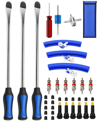 Tire Spoons, 32Pcs Tire Changing Tool with Rim Protectors, Valve Tool, Valve Cores, Valve Stems, Valve Caps, Storage Bag, 15" Tire Spoon Kit for Motorcycle Dirt Bike Lawn Mower Tractor Bicycle