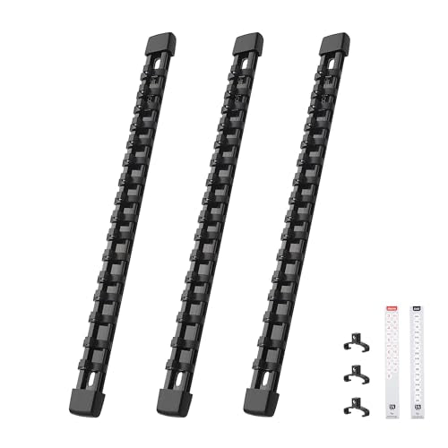 Reniteco 3-Piece Socket Organizer - 1/4-Inch Drive x 48 Clips, Heavy Duty ABS Socket Holder with Removable End Caps, Premium Socket Rail for Tool Box Drawer - color: Black, size: 1/4" DR
