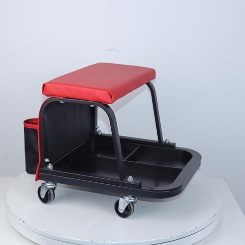 Rolling Mechanic Garage Stool on Wheels with Padded Cushion, Tool Tray Storage and Side Pockets, 300 LBS Capacity, Red - color: Red
