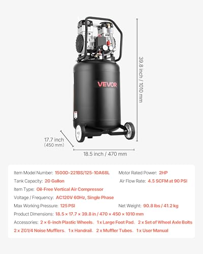 VEVOR 20-Gallon Air Compressor, 2HP 4.5 SCFM at 90PSI, Max 125PSI Pressure Oil-Free Air Compressor Tank, Portable on Wheels for Auto Repair, Tire Inflation, Spray Painting, Woodwork Nailing, 120V - size: 18.5 x 17.7 x 39.8 in