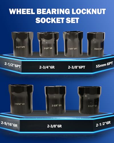 Wheel Bearing Locknut Socket Set 7pcs 6 Point Axle Nut Socket Set | 1/2 Inch Drive SAE and Metric Wheel Bearing Lock Nuts Removal and Installation Tool Kit for Dodge, Ford and Toyota, etc