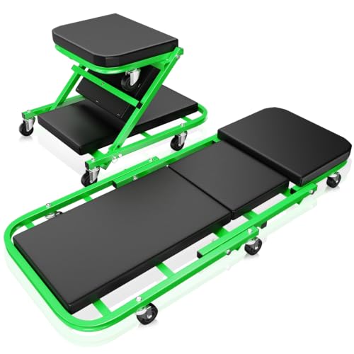 Auto Dynasty 40" Z-Creeper Seat, 2-in-1 Foldable Garage Creeper Shop Seat, 330 LBS Capacity Automotive Mechanic Repair Under Car Rolling Creeper Seat, Green - color: Green, size: 40 Inch