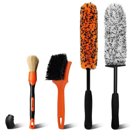 YeewayVeh 4PCS Car Wheel Brush Kit, Microfiber Wheel Cleaner Brush with Boar Hair Detailing Brush, Bendable & Durable Wheel and Tire Brush Kit for Cleaning Wheels, Tires - color: Orange &White, size: 4 Pack