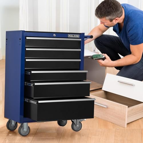 6-Drawer Rolling Tool Chest with Locking Wheels & Drawers, 13" D x 24.2" W x 36.6" H Mobile Tool Storage Cabinet, Heavy-Duty Garage Organizer w/Ergonomic Handle - color: Blue