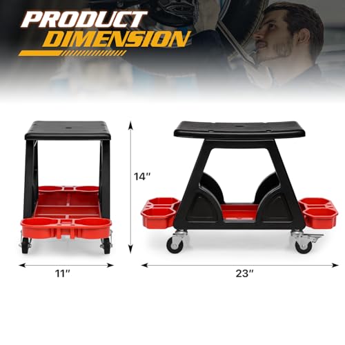 Magshion Garage Creeper Seat with Tool Holder, 300 lbs Capacity Rolling Mechanic Stool, Lightweight Plastic Workshop Chair on Wheels for Auto Repair, Car Detailing & Shop Use (Red)