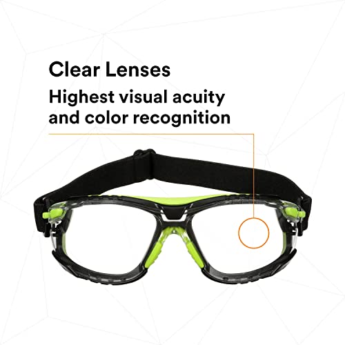 3M Safety Glasses, Solus 1000 Series, S1201SGAF-TSKT, Green/Black, Scotchgard Anti-Fog Coating, Clear Lens, Anti Scratch, with TPE Gasket and Elastic Strap, Pack of 1