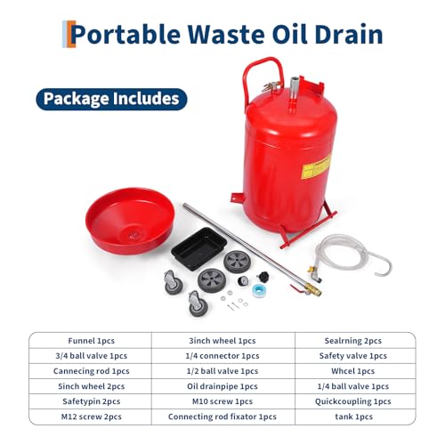 20 Gallon Waste Oil Drain Tank Portable Air Operated Oil Drainer with Adjustable Funnel Height 38-65 Inches 15 Inch Funnel Fluid Fuel Transfer Drain Container with 360 Degree Wheels and Toolbox Red