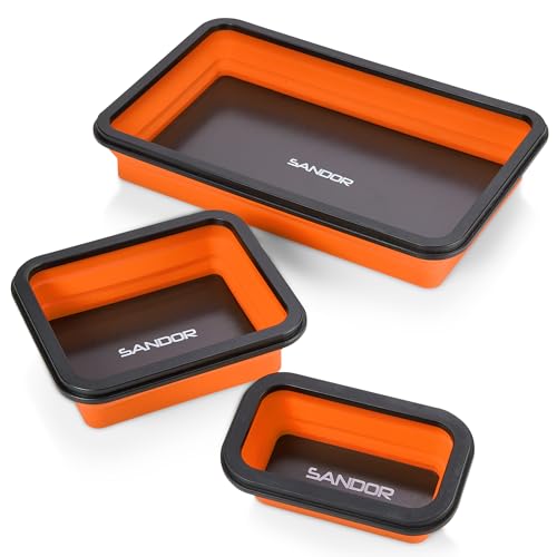 SANDOR Collapsible Magnetic Parts Tray Set - 3 Different Size Tool Trays for Screw, Bolts, Nuts, Washers, Pins and Other Small Metal Parts, Mechanic Tool Gifts for Men - Orange - color: Orange