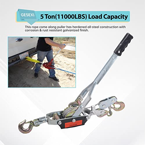 5 Ton Dual Gear Power Puller, 3 Hook Steel Cable Dual Gear Power Ratchet Come Along Puller Tool with Cable Automotive Hoist Hand Winch Cable Puller Stretcher Lift 11,000 Lbs - size: 5-Ton