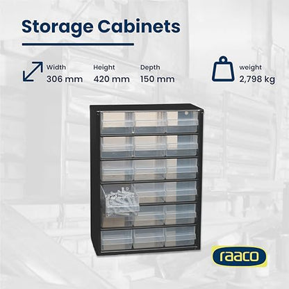 Raaco Steel Storage Cabinet, Standard 18-Drawer (C9-18) - Nuts & Bolts | Clear Polypropylene Plastic Drawer, Small Parts Organizer, Screws, Nuts & Bolts, Crafts & Hardware - For workshop and garage - size: Standard-18D, style: Steel Cabinets