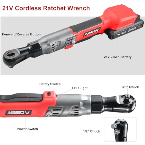 AOBEN 21V 1/2" Cordless Ratchet Wrench Kit-74 Ft-lbs Brushless Electric Power Ratchet with Variable Speed, 2X2000mAh Lithium-Ion Battery, Charger, 8 Sockets, 1/4" & 3/8" Adaptors, 3" Extension Bar - style: AB733-2C