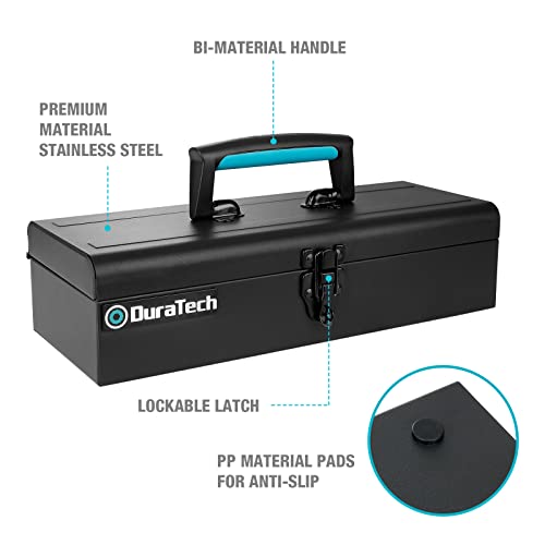 DURATECH Metal Tool Box, 15" Portable Steel Tool Box with Metal Latch Closure & Plastic Handle, Anti-slip Base, Multi-Purpose Heavy Duty, Black
