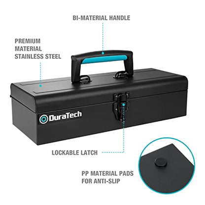 DURATECH Metal Tool Box, 15" Portable Steel Tool Box with Metal Latch Closure & Plastic Handle, Anti-slip Base, Multi-Purpose Heavy Duty, Black