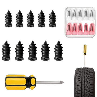 Tire Plug Kit, Tire Repair Rubber Nail Kit with Screwdriver, 2 Sizes Self-Sealing Screw-in Tire Repair Plugs, for Tubeless Tire Puncture Repair for Car, Truck, Motorcycle ﻿ (10)