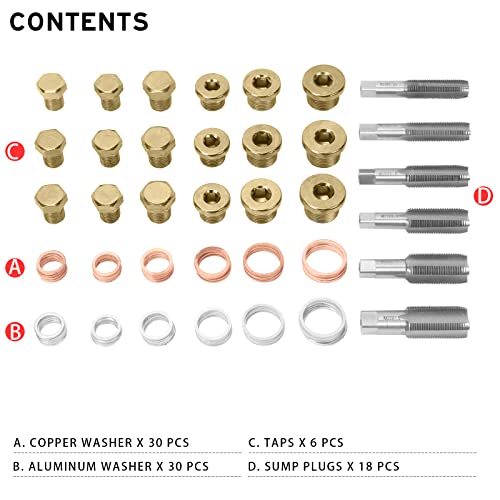 BILITOOLS 84-Piece Oil Drain Plug Repair Kit, M13 M15 M17 M20 M22 | Includes 6 Taps, 18 Sump Plugs, 30 Copper and 30 Aluminum Washers for Passenger Cars and Light Trucks