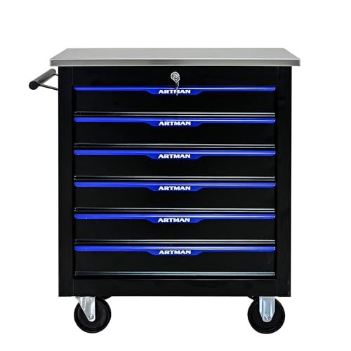 Runboll 6 Drawer Rolling Tool Chest with Locker, 25.9" D Metal Movable Lockable Tool Cart Box Multi-Functional Hardware Storage Cabinet Box for Warehouse Basement Home Pantry Garage - color: Black/Blue-26" L, size: 6 Drawer