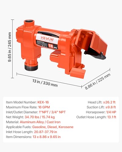 VEVOR Fuel Transfer Pump, 12V DC 16 GPM 1/4 HP Diesel Pump, Extractor Pumps with Manual Nozzle, Discharge Hose and Suction Pipe, for Gasoline, Diesel, Kerosene, Ethanol-Methanol Blends & Biodiesel - size: 12V 16GPM