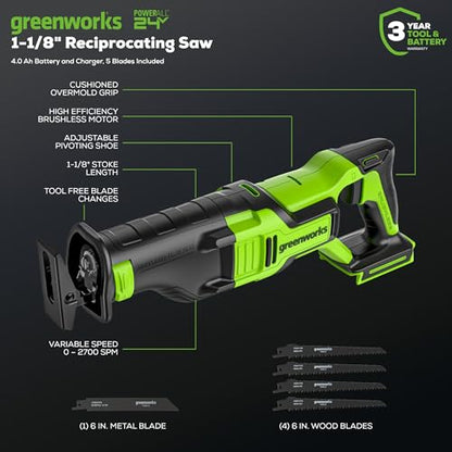 Greenworks 24V Cordless Power Tool 3pcs Combo Kit, Jig Saw with 4Ah USB Battery & Charger, Circular Saw (6-1/2") & Reciprocating Saw, Brushless Motors, 3000 SPM & 4800 RPM - size: 3PCS Combo Kits(Circular+Recip+Jig Saw)