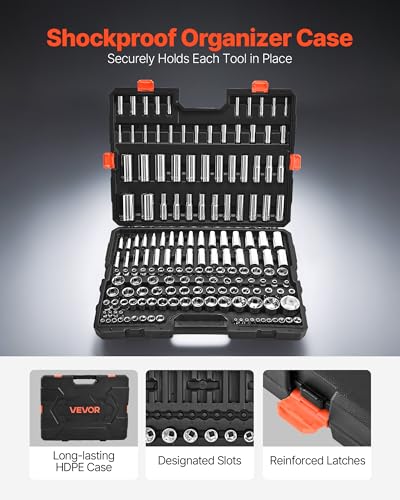 VEVOR Socket Set, 163 Pieces, 3/8 & 1/4 & 1/2 inch Drive Socket Tool Set, SAE and Metric, Deep and Standard, Mechanic Tool Kit with Storage Case, Chrome Plated CR-V Alloy Steel, for Automotive Repair - size: 1/4"&3/8"&1/2", style: 163 PCS