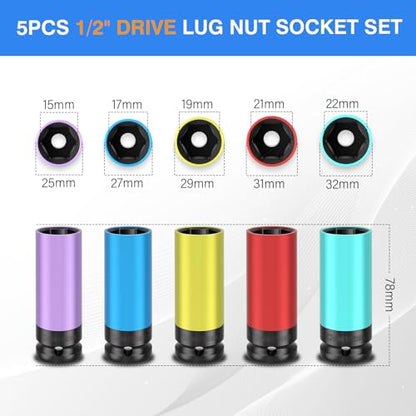 5PCS 1/2" Drive Wheel Protector Impact Socket, Non-Marring Lug Nut Deep Socket Set, CR-MO, 6 Point, Color-Coded Protective Socket, Metric 15 17 19 21 22 mm - size: 1/2" Protective Cover Sockets 5pcs