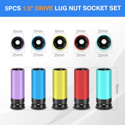 5PCS 1/2" Drive Wheel Protector Impact Socket, Non-Marring Lug Nut Deep Socket Set, CR-MO, 6 Point, Color-Coded Protective Socket, Metric 15 17 19 21 22 mm - size: 1/2" Protective Cover Sockets 5pcs