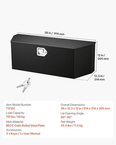 VEVOR Trailer Tongue Box, Heavy Duty Trailer Tongue Tool Box Storage Organizer, Utility Tool Chest for Pickup Truck Bed, RV, SUV, Off-Road Vehicle, Steel, 36" x 12" x 12", Upgraded Lock Version - size: 36" Black (with upgraded lock), style: Steel