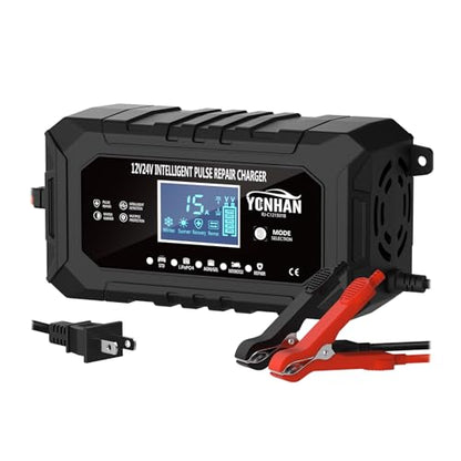 YONHAN 15-Amp 12V 24V Battery Charger LiFePO4 Trickle Charger | Car Battery Charger Fully-Automatic Smart Lead Acid Portable 9-Stage Smart Battery Maintainer with Temp Compensation