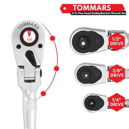 TOMMARS Flex Head Stubby Ratchet Set, 1/4", 3/8", 1/2" Socket Wrench Kit | Mechanic Hand Tool, Flexible, 72 Tooth 5-degree swing arc, Quick Release, Reversible - size: 1/4", 3/8", 1/2" Drive, style: Flex Head Stubby Ratchet Set
