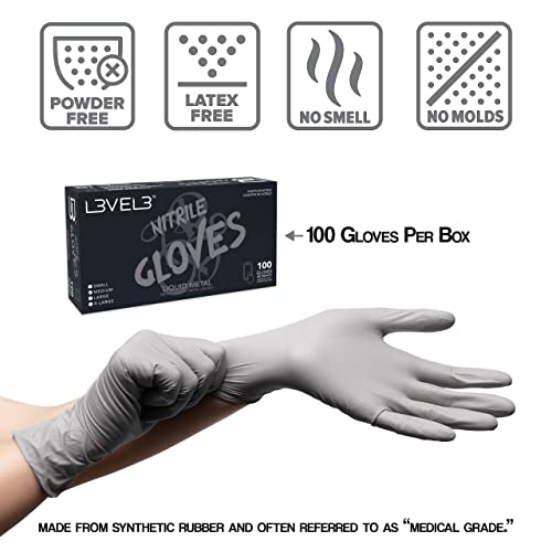 L3 Level 3 Nitrile Gloves - Professional Heavy Duty Disposable Gloves - Latex Free - Fits Snug - Box of 100 - color: Silver, size: Small (Pack of 100)