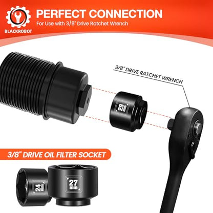 BLACKROBOT 5 Pieces 3/8” Drive Low Profile Oil Filter Socket Set, Metric Size 24mm, 27mm, 29mm, 32mm, 36mm, Chrome Vanadium Steel, 6 Point Design, Oil Filter Cap Remover and Installer Tool Set - size: 24mm-36mm