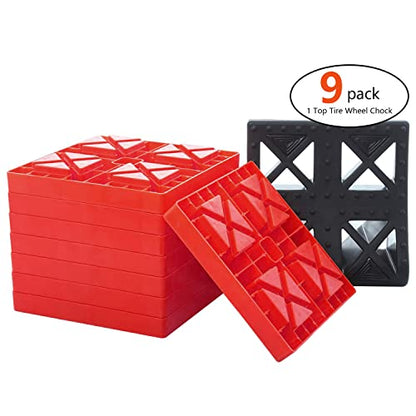 Homeon Wheels 10 Packs Rv Camper Leveling Blocks, Chocks Anti-Slip Pads Design Include One Wheel Chock and Carrying Bag for Camper Travel Trailer - color: Black+Red