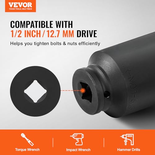 VEVOR Axle Nut Impact Socket Set, 1/2" Drive Deep 12-Point 8-Piece Metric Spindle Socket Set, CR-MO Heat Treated Large Socket Set with Storage Case, Auto Repair, Removing or Installing Axle Nuts - style: 1/2" 8PCS 12PT CR-MO