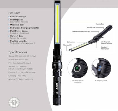NextLED NT-7543 Foldable Rechargeable LED Work Light, COB LED Slim Work Light with Magnetic Base. Ultra Bright Flashlight, Cast Aluminum, Mechanics, Car Repair, Outdoor, Camping, Emergency, Garage - style: 350 Lumen Single Sided