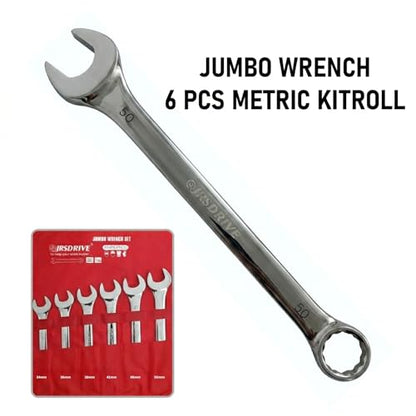 Jumbo Combination Wrench Set, 6 Piece Metric Sizes 34 to 50 MM, Heavy Duty CR-V Steel Construction, Industrial Grade Spanner Kit for Automotive, Workshop & Mechanical Use E-2004J_MM