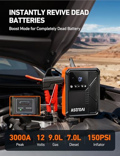 AstroAI Beta822 3000A Jump Starter with Air Compressor, 150PSI Portable Tire Inflator with Auto-Shutoff, 12V Car Battery Booster (9.0 Gas/7.0L Diesel) with LED Light and Jumper Cables, Black - color: 3000A-Black