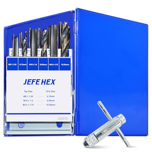 JEFE HEX 18pcs Metric Drill and Tap Set with 1 Piece T-Handle Ratchet Tap Wrench, Tap Range M2.5 * 0.45—M12*1.75, Black and Gold Premium HSS Jobber Length Drill Bits and Hand Plug Taps with Metal Box - size: 18PCS Metric