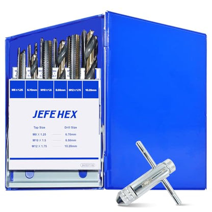 JEFE HEX 18pcs Metric Drill and Tap Set with 1 Piece T-Handle Ratchet Tap Wrench, Tap Range M2.5 * 0.45—M12*1.75, Black and Gold Premium HSS Jobber Length Drill Bits and Hand Plug Taps with Metal Box - size: 18PCS Metric