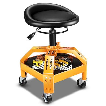 DNA Motoring Rolling Padded Seat Adjustable Height Seat 330lbs Capacity Rolling Mechanic Creeper Stool, W/Tool Storage Drawer & Tray, Black/Yellow,TOOLS-00599 - style: Grid Tray Yellow