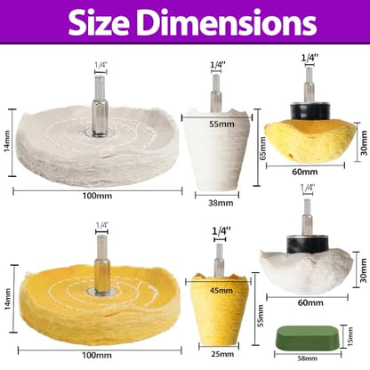 6 PCS Buffing Wheel with 3Pcs Polishing Compound for Dremel, Buffing Pad Polishing Wheel Kits with 1/4 Inch Shank for Metal Aluminum Chrome Wood Jewelry Brass Glass Plastic Stainless Steel - style: 9 PCS