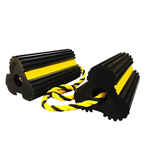 ROBLOCK Heavy Duty Wheel Chocks, Rubber Wheel Block Non-Slip Base with Nylon Rope Yellow Reflective Tape - 1 Pair Black, Wheel Stoppers for Travel Trailers, RV, Aircraft, Car, Camper, Truck - color: 2pack